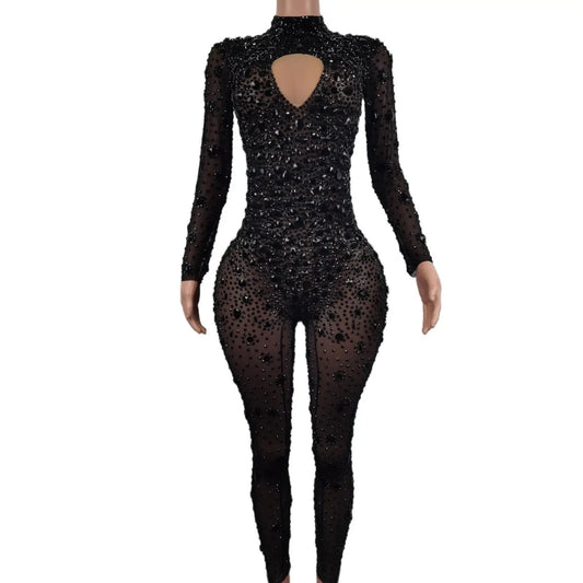 Black Long Sleeve Rhinestones Jumpsuit for Women Sexy Crystal Bodysuit for Nightclub Pole Dance Party Wear